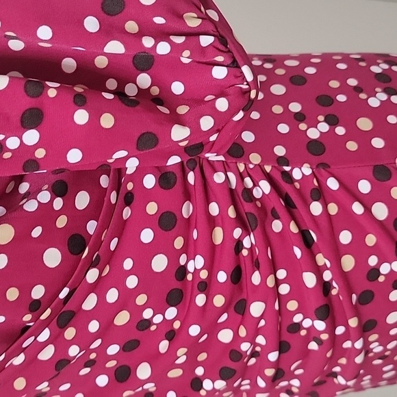 Nine West Size M Magenta Faux Wrap Blouse with Brown, Tan & White Polkadots, EUC - Picture 4 of 12